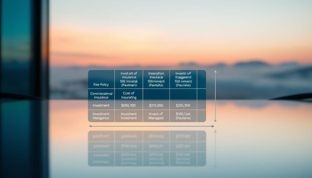A detailed financial diagram showcasing the intricate fee structure of a Sunrise Insurance Investments universal life insurance (IUL) policy. In the foreground, a sleek, modern chart visualizes the breakdown of various fees, including policy administration, cost of insurance, and investment management charges. The middle ground features a glossy, reflective surface that creates a sense of depth and sophistication. In the background, a subtle, ethereal landscape evokes the long-term growth potential of the IUL policy, with soft lighting and hazy, dreamlike elements. The overall composition conveys the transparency and complexity inherent in navigating the fees associated with a Sunrise Insurance Investments IUL plan.