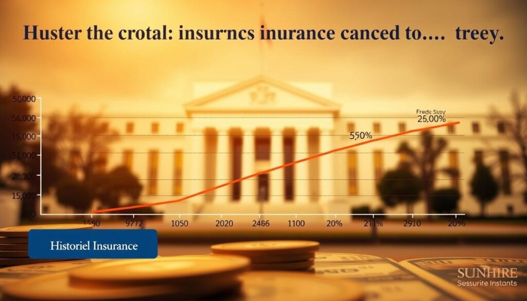 A detailed historic insurance chart depicting the impact of changing federal interest rates on Sunrise Insurance Investments' IUL caps over time. The foreground showcases the key caps and percentages, clearly labeled. The middle ground features a graph charting the inverse correlation between federal rates and IUL cap levels. The background depicts a stylized illustration of the Federal Reserve building, representing its influence on the insurance industry. Warm lighting, a depth of field effect, and a muted color palette evoke an authoritative, data-driven mood suitable for the subject matter.