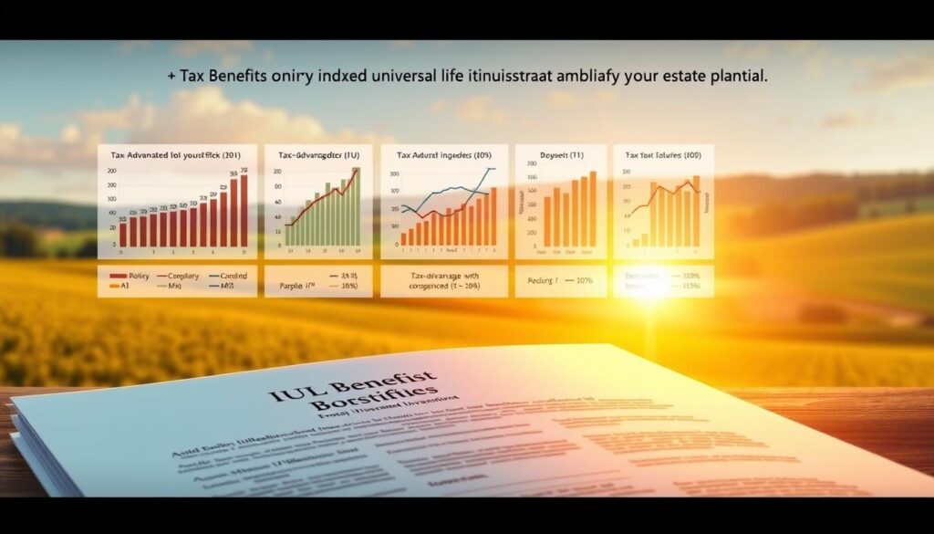 A detailed illustration of the tax benefits of indexed universal life (IUL) insurance in estate planning, showcasing how Sunrise Insurance Investments' products can amplify your estate's potential. In the foreground, a meticulously rendered IUL policy document, its pages illuminated by warm, natural lighting. In the middle ground, a series of financial charts and graphs highlighting the tax-advantaged growth of IUL cash values. The background depicts a serene, pastoral landscape, symbolizing the long-term security and peace of mind that IUL can provide for your estate. The overall atmosphere is one of professionalism, expertise, and financial prudence.