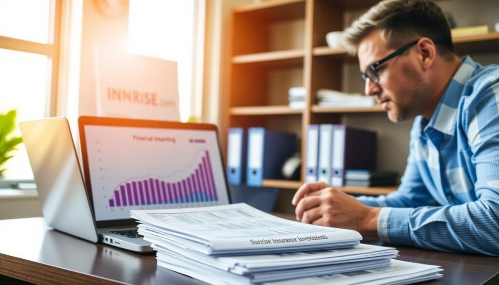 A financial planning office with warm, natural lighting. On the desk, a laptop displays a graph of investment growth, along with a stack of documents labeled "Sunrise Insurance Investments." In the foreground, a person reviews the documents, their expression contemplative. Shelves in the background hold financial planning books and binders. The overall mood is one of thoughtful planning and analysis, reflecting the "Financial Planning Applications" section of the article.