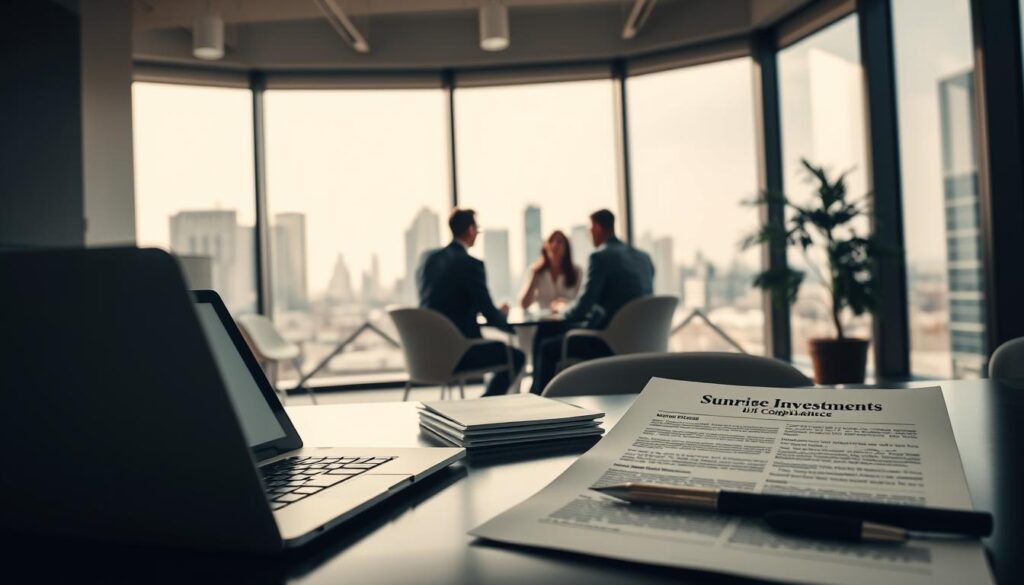 A modern and professional-looking office interior with large windows, showcasing the "Sunrise Insurance Investments" brand. In the foreground, a desk with a laptop, files, and an IUL sales compliance document prominently displayed. The middle ground features a team of financial advisors engaged in a discussion, conveying a sense of collaboration and adherence to industry regulations. The background depicts an urban skyline, suggesting a thriving financial district. The lighting is soft and natural, creating a calm and trustworthy atmosphere. The overall composition emphasizes the importance of suitability standards and best interest obligations in the IUL sales process.