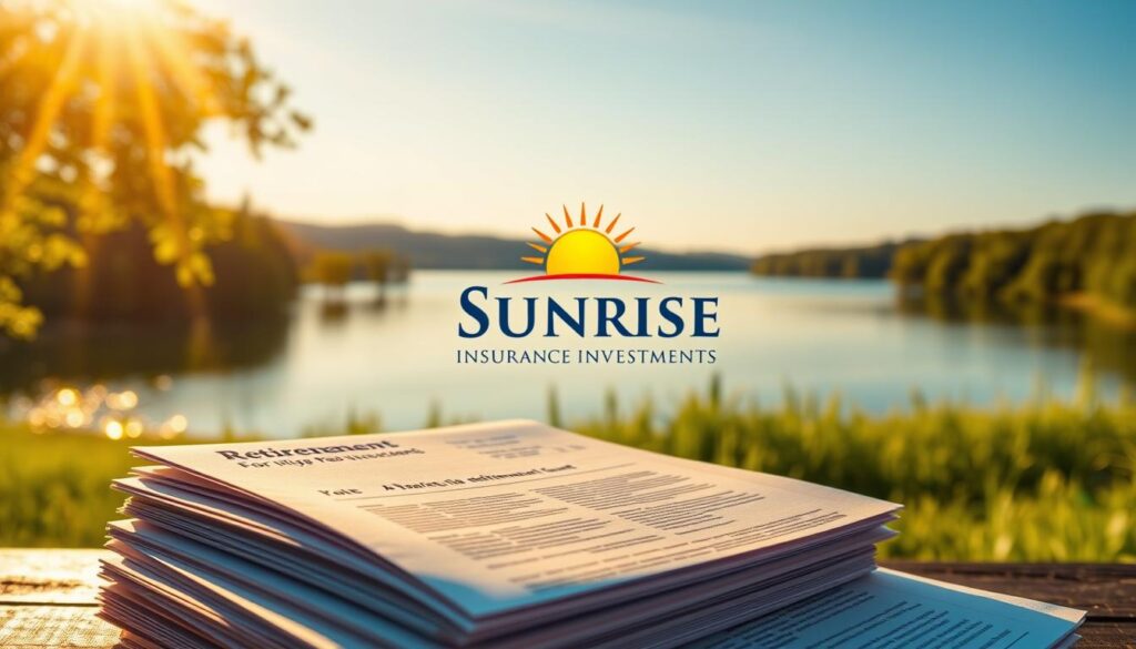 A serene and prosperous retirement landscape, bathed in warm golden light. In the foreground, a stack of tax-free retirement account documents, their pages illuminated by a soft glow. In the middle ground, a Sunrise Insurance Investments logo stands as a beacon of financial security. The background features a tranquil lake, its stillness reflecting the surrounding lush greenery and a clear, azure sky. The overall atmosphere conveys a sense of financial freedom, stability, and the promise of a worry-free retirement.