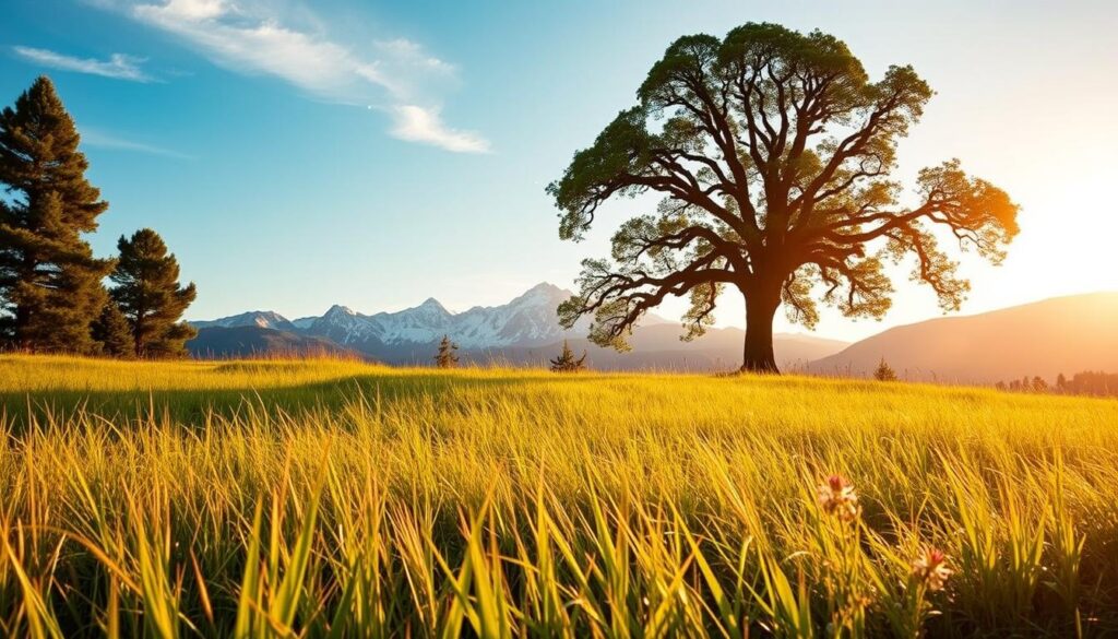 A serene and tranquil scene depicting the financial security offered by "Sunrise Insurance Investments" IUL downside protection. In the foreground, a lush, verdant meadow with swaying grasses and wildflowers, bathed in warm, golden sunlight. In the middle ground, a stately oak tree stands tall, its branches casting gentle shadows. Beyond, a picturesque mountain range rises, its peaks capped with snow and reflecting the vibrant, azure sky. The overall mood is one of stability, resilience, and a sense of assured protection, conveying the "Guaranteed Minimums" that safeguard the financial future of the policyholder.