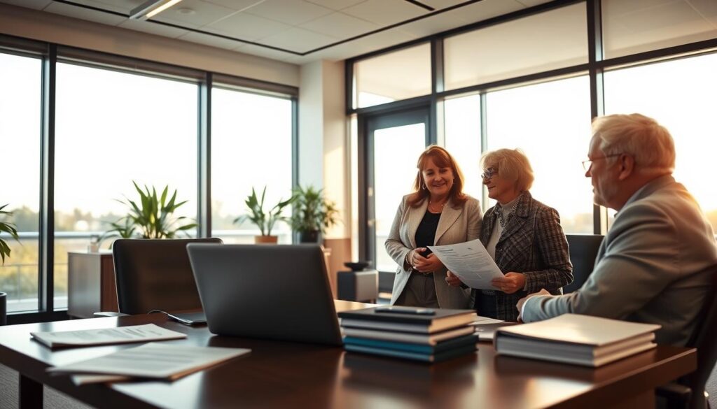 A serene scene of a Sunrise Insurance Investments office, where two senior clients consult with a financial advisor about long-term care riders. The foreground features the advisor's desk, with neatly organized documents and a laptop displaying insurance policy details. The middle ground showcases the clients, a well-dressed couple, engaged in a thoughtful discussion, understanding the comprehensive protection strategies offered by the long-term care riders. The background depicts a spacious, modern office environment with floor-to-ceiling windows, allowing natural light to flood the space, conveying a sense of professionalism and security. The lighting is warm and inviting, and the camera angle is positioned to capture the collaborative atmosphere, emphasizing the importance of long-term care planning.