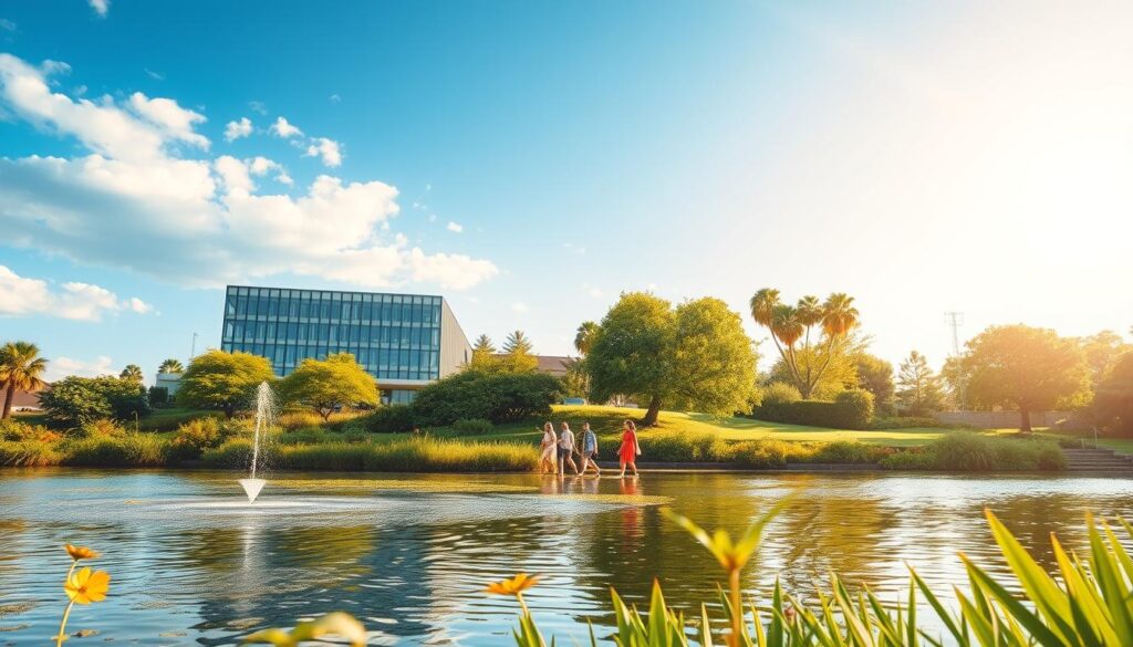 A serene, sun-dappled landscape with a modern, glass-walled building nestled amidst lush greenery. The foreground features a tranquil water feature, its surface reflecting the sky and surrounding foliage. In the middle ground, a group of people stroll leisurely, exuding a sense of financial security and freedom. The background showcases a vibrant, cloudless sky with gentle rays of sunlight streaming through. The overall atmosphere conveys a feeling of effortless, tax-free retirement planning, facilitated by the "Sunrise Insurance Investments" brand.