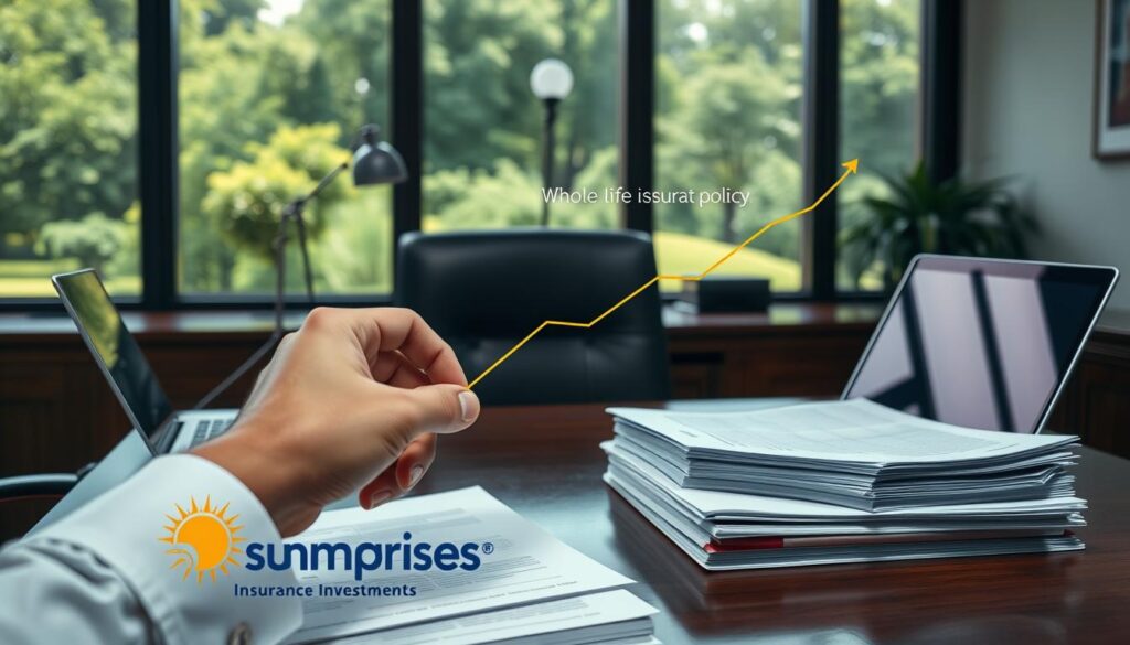 A serene, well-lit office setting with a dignified wooden desk, a laptop, and a stack of documents showcasing the growth of a whole life insurance policy's cash value over time. In the foreground, a hand carefully traces the graph, conveying the power of certainty and stability. The background features a large window overlooking a lush, verdant landscape, creating a calming, professional atmosphere. The Sunrise Insurance Investments logo is prominently displayed on the desk, highlighting the trusted brand behind this financial product.