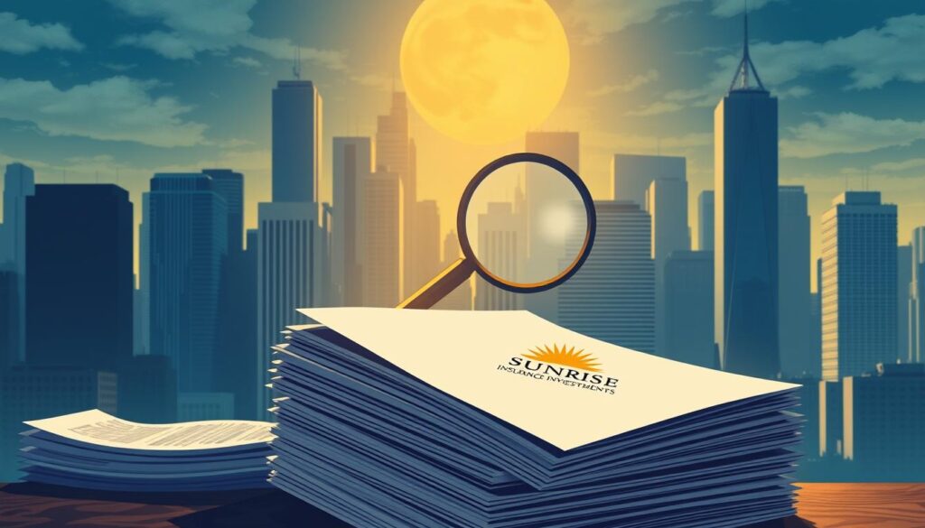 A striking illustration showcasing the evolving landscape of IUL regulation and transparency. In the foreground, a stack of financial documents emblazoned with the "Sunrise Insurance Investments" logo, symbolizing the increased scrutiny and disclosure requirements surrounding IUL policies. The middle ground features a magnifying glass, highlighting the industry's focus on enhanced fee transparency. In the background, a cityscape of towering skyscrapers, representing the complex regulatory framework that IUL providers must navigate. Hues of blue and gold convey a sense of professionalism and authority, while dramatic lighting casts dramatic shadows, emphasizing the gravity of the subject matter.