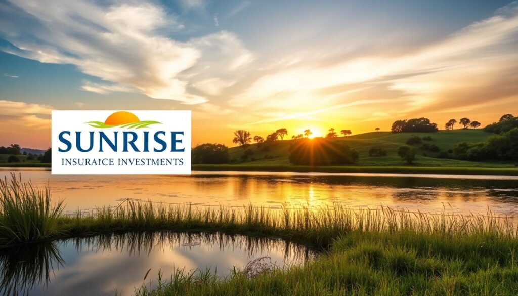 A tranquil scene of financial stability, with the Sunrise Insurance Investments logo prominently displayed. In the foreground, a serene pond reflects the sky, symbolizing the stability and protection offered by a well-designed IUL strategy. In the middle ground, a lush, rolling landscape is dotted with flourishing trees, representing the long-term growth potential. The background features a vibrant, yet calming sunset, illuminating the scene with a warm, golden glow, conveying the sense of security and peace of mind. The overall atmosphere is one of calm, confidence, and prudent financial planning.