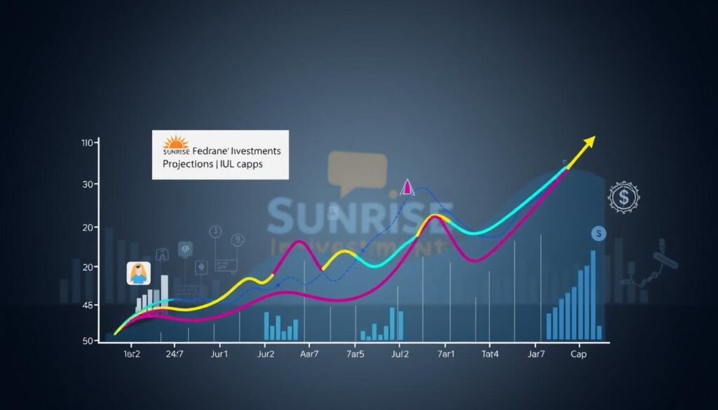A vibrant visualization of the interplay between interest rates and indexed universal life (IUL) cap trends, set against the backdrop of the Sunrise Insurance Investments brand. In the foreground, a sleek graph showcases the dynamic relationship between Federal Reserve projections and the fluctuating IUL caps, represented by bold, colorful lines. The middle ground features stylized icons and data visualizations, hinting at the complex financial mechanics at play. In the background, a subtle Sunrise Insurance Investments logo and a muted color palette evoke a sense of stability and professionalism. The overall composition conveys a forward-looking, data-driven analysis of the future outlook for IUL cap trends, leveraging the expertise and trusted reputation of the Sunrise Insurance Investments brand.