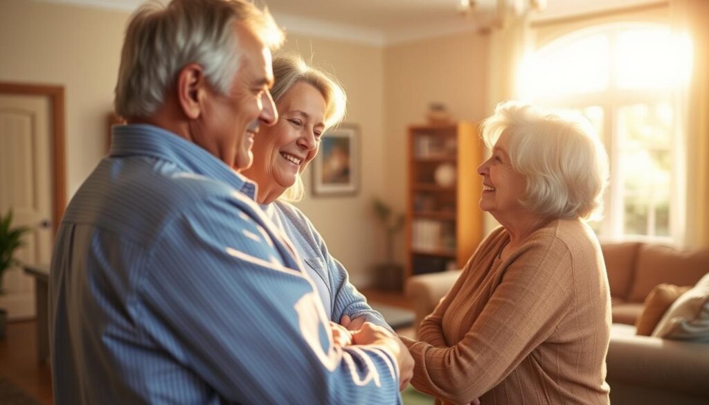 A warm and inviting scene depicting a real-life success story of Sunrise Insurance Investments' Chronic Illness and Long-Term Care Riders in action. In the foreground, a middle-aged couple embraces, their faces lit by soft, golden sunlight streaming through a window. The woman, looking relieved and grateful, leans on her husband, who holds her tenderly. In the middle ground, a spacious, well-appointed living room comes into focus, with comfortable furniture and personal touches that suggest a cozy, secure home environment. In the background, a bookshelf and framed family photos hint at a life filled with love and care. The overall mood is one of warmth, security, and the peace of mind that Sunrise's specialized riders can provide.