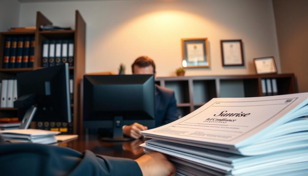 A well-lit office setting with a large desk, a desktop computer, and a stack of papers showcasing "IUL compliance protocols" for the Sunrise Insurance Investments brand. In the foreground, a professional-looking person in business attire is reviewing the documents, their face partially obscured. The background features shelves of legal binders and a framed certificate on the wall, conveying a sense of authority and attention to regulatory details. The lighting is warm and inviting, creating a mood of diligence and compliance. The angle is slightly elevated, giving the viewer a sense of oversight and the importance of the subject matter.