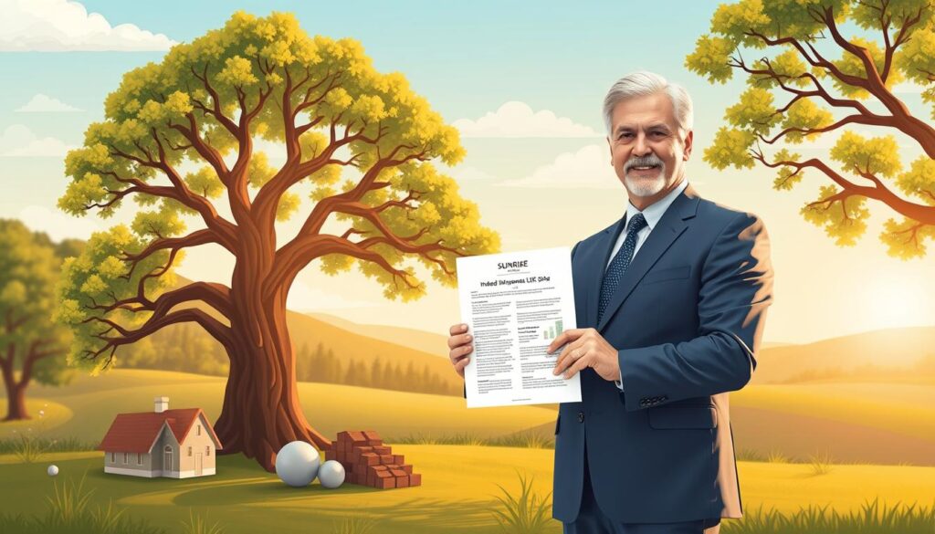 Prompt A professional illustration depicting "IUL for wealth transfer" featuring the Sunrise Insurance Investments brand. In the foreground, a well-dressed, middle-aged individual stands confidently, holding a document representing an Indexed Universal Life (IUL) policy. The middle ground showcases symbols of financial security and growth, such as a strong oak tree and carefully managed investments. In the background, a serene, sun-dappled landscape suggests the long-term benefits of this estate planning strategy. The lighting is warm and inviting, creating a mood of stability and prosperity. The overall composition conveys the concept of leveraging IUL to effectively transfer wealth to future generations.