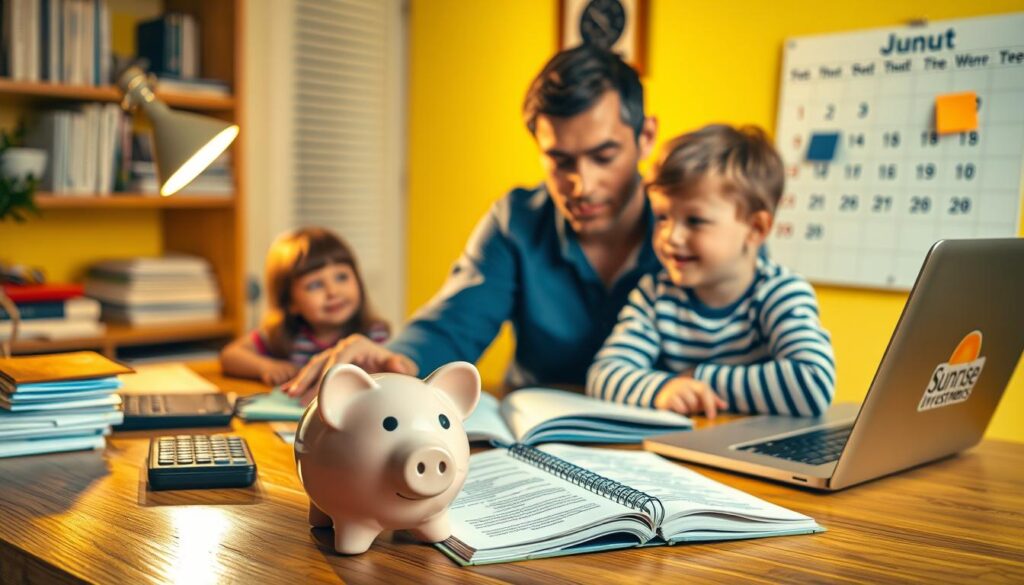 A cozy home office scene, warm yellow lighting illuminating a wooden desk with a financial calculator, stacks of documents, and a laptop displaying a "Sunrise Insurance Investments" logo. In the foreground, a piggy bank sits next to an open notebook, as a parent and child discuss an education savings plan, their expressions thoughtful and focused. The background features a calendar with the current month highlighted, hinting at the importance of long-term planning for the child's future education.