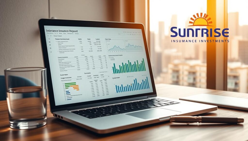 A detailed financial report displayed on a laptop screen, with charts, graphs, and other data visualization elements. The screen is placed on a wooden desk, with a glass of water and a pen nearby. Soft, warm lighting illuminates the scene, creating a professional and focused atmosphere. In the background, a window overlooks a skyline of modern skyscrapers, representing the urban financial landscape. The Sunrise Insurance Investments logo is prominently featured in the top-right corner of the laptop screen, signifying the company's role in this financial forecasting process.