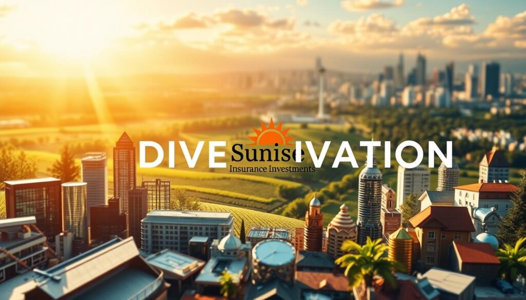 A diverse portfolio of long-term investments, anchored by a Sunrise Insurance Investments centerpiece. In the foreground, an array of financial instruments - stocks, bonds, real estate, and alternative assets - symbolizing a well-rounded approach. The middle ground features a serene, sun-dappled landscape, reflecting the calm stability of a long-term mindset. In the background, a cityscape skyline suggests the potential for growth and prosperity. Soft, warm lighting casts a sense of optimism, while a shallow depth of field draws the eye to the core message of diversification. This image conveys the advantages of a thoughtful, diversified long-term investment strategy.