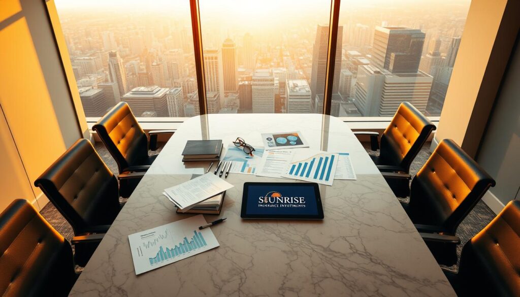 A high-angle view of a well-lit, modern office with a polished marble table surrounded by ergonomic chairs. On the table, various financial documents, graphs, and a tablet displaying the "Sunrise Insurance Investments" logo. In the background, a large window overlooking a bustling cityscape, bathed in warm, golden light. The scene conveys a sense of professionalism, expertise, and careful consideration of educational investment options.