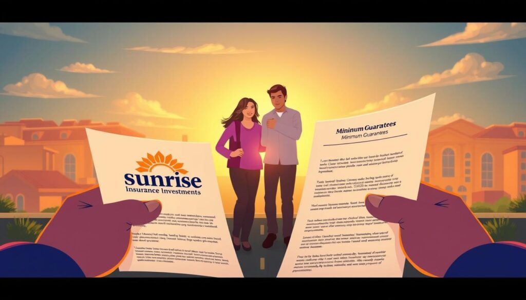A high-quality digital illustration depicting a hybrid life insurance policy with minimum guarantees. In the foreground, a pair of hands holding an open contract, showcasing the "Sunrise Insurance Investments" branding. The middle ground features a family enjoying a moment of financial security, with a warm, golden light bathing the scene. In the background, a cityscape represents the stability and reliability of the insurance provider. The overall composition conveys a sense of trust, protection, and the peace of mind that comes with a policy offering guaranteed minimum benefits.