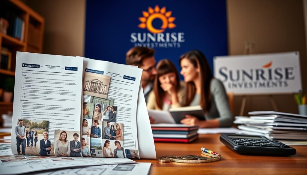 A meticulously arranged scene depicting multiple financing options for kids' education. In the foreground, a collage of documents and calculators symbolizes the complex financial planning required. The middle ground features a family discussing options, with a warm, natural lighting illuminating their faces. In the background, the Sunrise Insurance Investments logo is prominently displayed, hinting at one potential solution. The overall mood is thoughtful, with a sense of careful consideration and attention to detail, reflecting the importance of securing the future through strategic education funding.