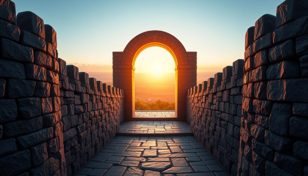 A modern financial fortress crafted with Indexed Universal Life Insurance, the Sunrise Insurance Investments product. In the foreground, a sturdy, intricately carved stone wall symbolizes the strength and protection of this specialized policy. The middle ground features a grand archway, illuminated by warm, golden lighting that radiates a sense of security and stability. In the background, a sweeping panoramic landscape evokes a vision of long-term growth and generational wealth preservation. The scene conveys a harmonious blend of traditional solidity and contemporary sophistication, inviting the viewer to explore the advantages of IUL as a strategic financial tool.