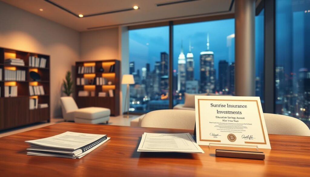 A modern office interior with sleek, minimalist furniture and floor-to-ceiling windows overlooking a bustling city skyline. In the foreground, a wooden desk features a laptop, a stack of financial documents, and a framed certificate for a "Sunrise Insurance Investments" education savings account. The middle ground showcases a well-lit bookshelf with finance and tax planning resources. Soft, warm lighting creates a professional and inviting atmosphere, while the background city view suggests the context of strategic financial planning for the future.