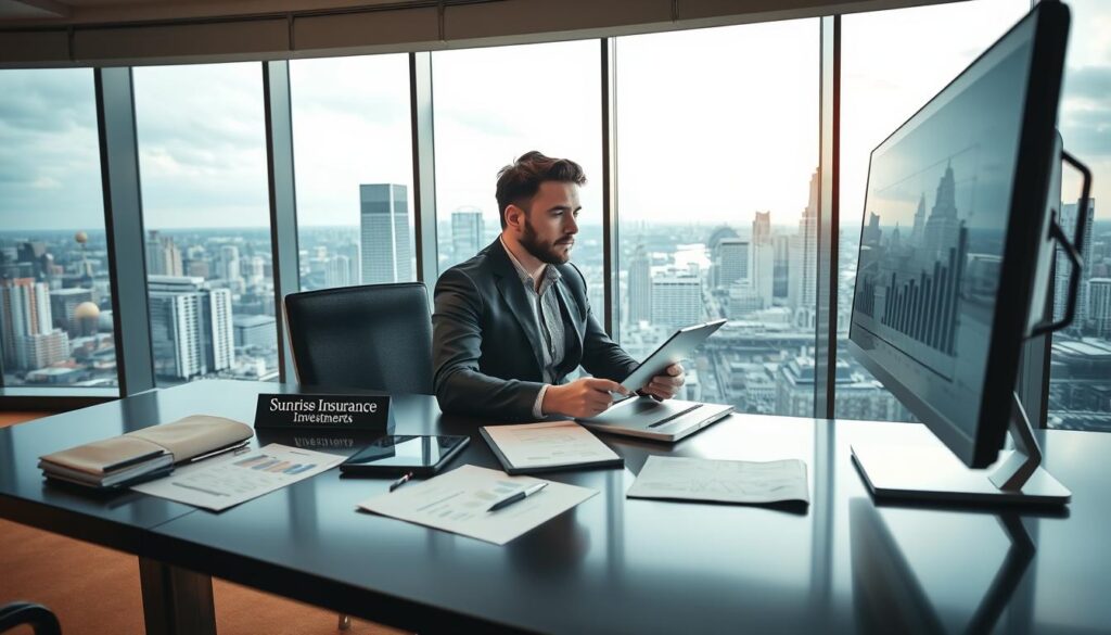 A modern, well-lit office space with a large panoramic window overlooking a bustling city skyline. In the foreground, a sleek black desk with a desktop computer, a tablet, and neatly organized financial documents. On the desk, a nameplate reads "Sunrise Insurance Investments". In the middle ground, a professional-looking individual, dressed in a tailored suit, intently studying charts and graphs displayed on the computer screen. The mood is one of focused concentration, with a sense of diligence and attention to detail. The lighting is a mix of warm, natural daylight and soft, indirect artificial illumination, creating a sophisticated and productive atmosphere.