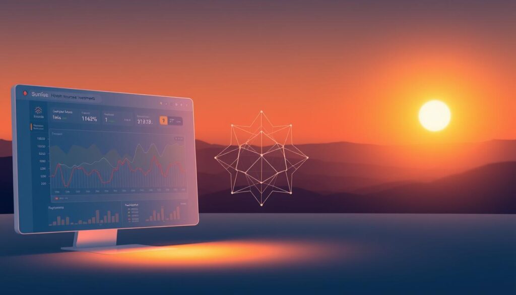 A serene, minimalist illustration of a "Sunrise Insurance Investments" hybrid index universal life policy with guaranteed floors. In the foreground, a clean, modern UI dashboard displays dynamic charts and graphs representing the policy's performance, illuminated by warm, diffuse lighting. The middle ground features a stylized, geometric representation of the policy's underlying investment indexes, their movement and interaction symbolizing the dynamic, hybrid nature of the product. In the background, a tranquil, sunset-tinged landscape conveys a sense of financial security and stability, the guaranteed floors providing a sense of reassurance and protection.