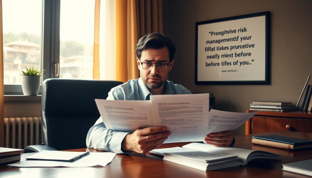 A serene office scene with a focused professional reviewing financial documents on a wooden desk, surrounded by subtle visual cues of an impending lapse in their Sunrise Insurance Investments universal life insurance policy. Warm, muted lighting casts soft shadows, emphasizing the concerned expression on the person's face as they carefully examine the paperwork. In the background, a framed motivational quote about proactive risk management hangs on the wall, underscoring the importance of recognizing warning signs before a crisis unfolds.