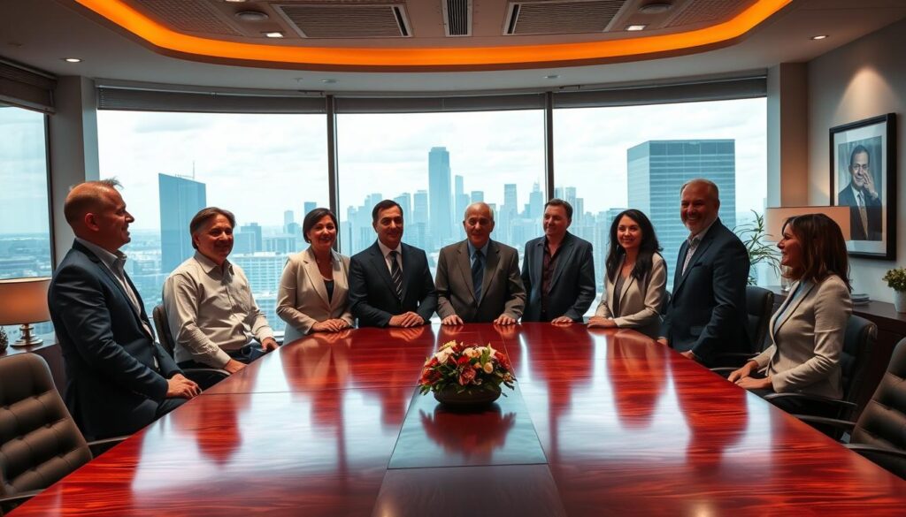 A serene office setting, with a large panoramic window overlooking a thriving cityscape. In the foreground, a team of business owners gathers around a mahogany conference table, their faces animated as they discuss the "Sunrise Insurance Investments" plan that has transformed their enterprises. Warm, directional lighting illuminates their confident expressions, while the background features tasteful décor and tasteful artwork, conveying a sense of professional success and strategic planning. The overall atmosphere is one of optimism, collaboration, and a shared sense of accomplishment.
