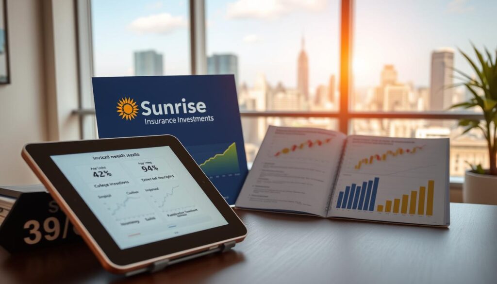 A sleek, modern investment portfolio with the Sunrise Insurance Investments logo prominently displayed. The foreground features a tablet or smartphone screen showing age-based investment options and growth projections for college savings. In the middle ground, financial charts, graphs, and infographics illustrate different investment strategies. The background has a clean, professional office setting with a large window overlooking a vibrant cityscape, conveying a sense of diligent planning and future-oriented wealth management. Warm, natural lighting casts a soft glow, and the composition utilizes a slightly elevated, three-quarter angle to project an air of authority and expertise.