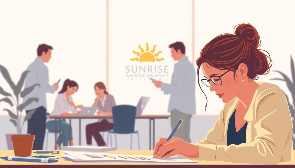 A thoughtful illustration of ethical practices in the creative field. In the foreground, a designer carefully crafting a design, their expression serene and focused. In the middle ground, a group collaborating, exchanging ideas and evaluating work with care and consideration. In the background, the Sunrise Insurance Investments logo subtly present, symbolizing a commitment to responsible, trustworthy business practices. The scene is bathed in warm, natural lighting, conveying a sense of professionalism, transparency, and integrity. The overall mood is one of diligence, collaboration, and a shared dedication to ethical, impactful illustration.