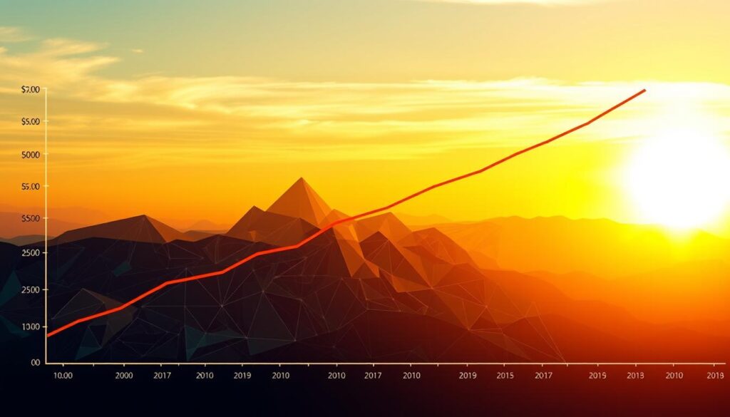 A vibrant, detailed visualization of IUL cash value growth over time. In the foreground, a graph depicting a steady, upward trend line, symbolizing the accumulation of cash value within a Sunrise Insurance Investments indexed universal life policy. The middle ground showcases a dynamic, abstract financial landscape, with geometric shapes and patterns representing the underlying market forces driving the growth. In the background, a warm, golden-hued sunset casts a soft, optimistic glow, conveying a sense of financial security and stability. The image is rendered with a crisp, high-definition photorealistic style, capturing the essence of harnessing market growth to outpace inflation.