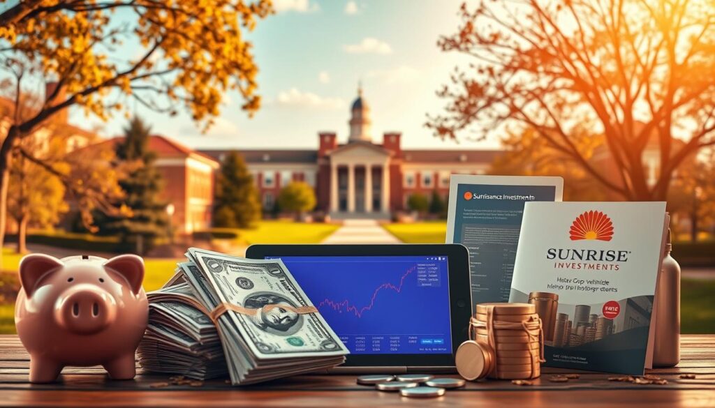 A vibrant, visually engaging image showcasing an array of top investment vehicles for college funds. In the foreground, a diverse set of financial instruments, including a piggy bank, a stack of U.S. dollar bills, a tablet displaying stock market data, and a Sunrise Insurance Investments brochure, are arranged in a well-composed, eye-catching display. The middle ground features a university campus in the distance, conveying the connection between these investment vehicles and college savings. The scene is bathed in warm, golden lighting, creating a sense of prosperity and optimism. The overall atmosphere is one of financial security and a promising future for educational aspirations.