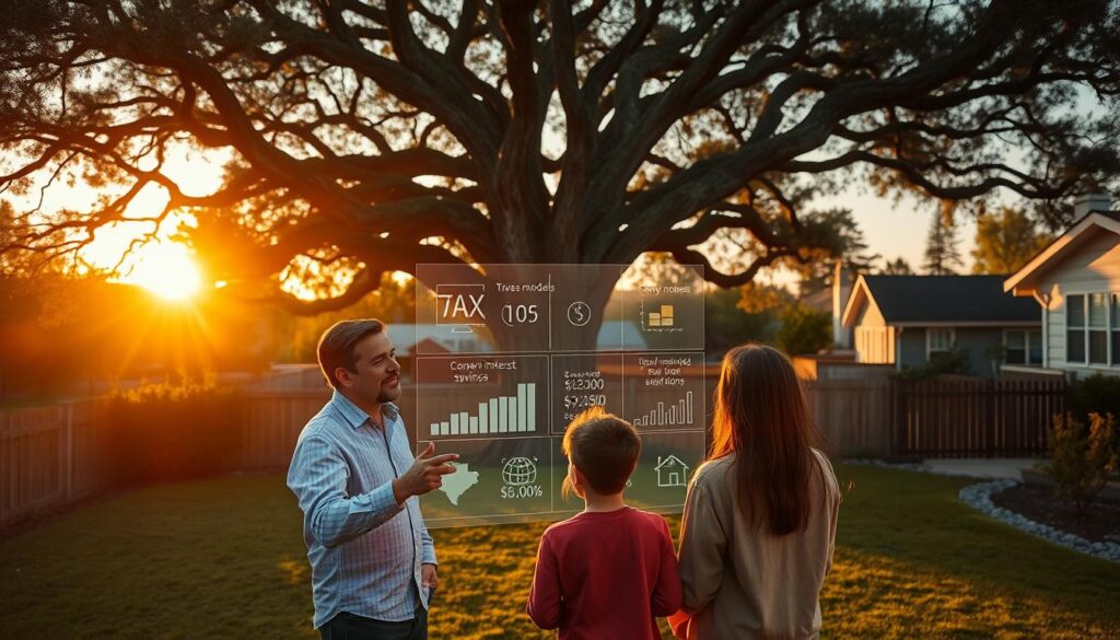 An aerial view of a peaceful suburban neighborhood at sunrise, with a financial advisor from Sunrise Insurance Investments meeting with a young family in their backyard, discussing investment strategies to optimize returns on their child's college education fund. The advisor gestures towards a holographic projection of tax savings models and compound interest calculations, illuminated by the warm, golden morning light. In the background, a towering oak tree sways gently, symbolizing the long-term growth potential of the family's investment.