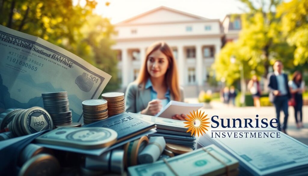 Diversifying college savings portfolio with strategic insurance solutions. In the foreground, a diverse array of financial instruments - stocks, bonds, mutual funds, and a prominent Sunrise Insurance Investments logo. In the middle ground, a young couple discussing investment options, faces lit by a warm, natural light. The background features a university campus, students walking by, symbolizing the future education this portfolio aims to fund. The overall atmosphere conveys a sense of careful planning, financial security, and confidence in securing a child's educational future.