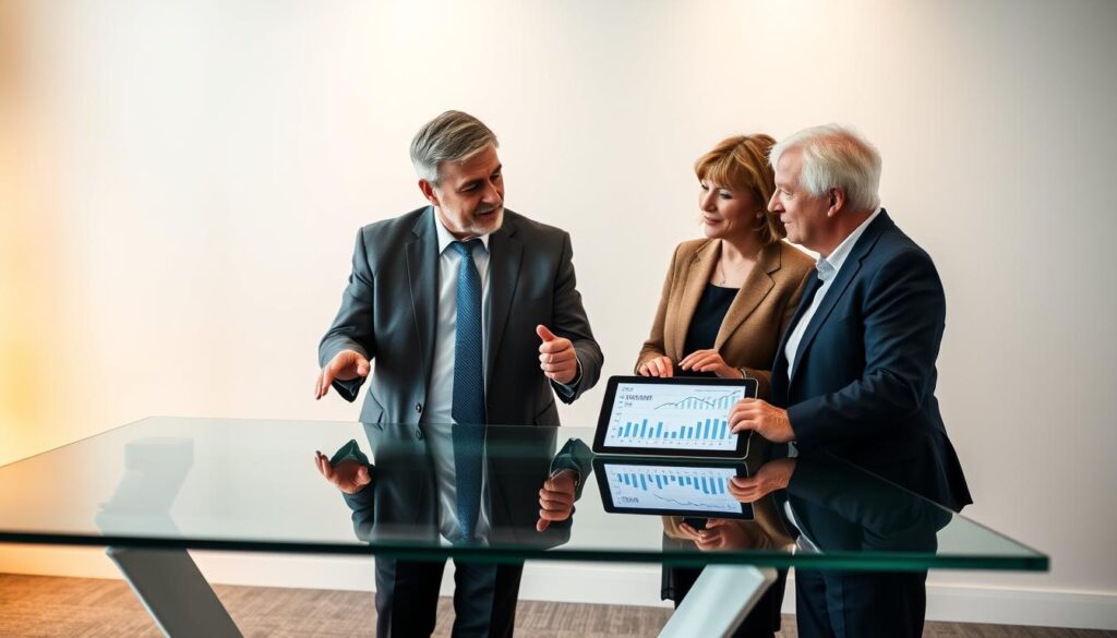 Retirement planning with indexed universal life insurance, featuring a scene of a mature couple reviewing their portfolio with a financial advisor from Sunrise Insurance Investments. The advisor stands at a sleek glass-topped table, gesturing towards tablet displays showcasing retirement income projections. The couple, dressed in business casual attire, listens intently, their expressions a mix of thoughtfulness and confidence. Warm, diffused lighting bathes the scene, creating a sense of financial security and trust. The background features a modern, minimalist office setting with clean lines and subtle textures, emphasizing the importance of prudent financial planning for the future.